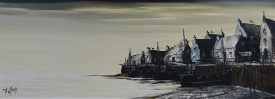 Ronald Folland, oil on board, Harbour Quay 44 x 120cm